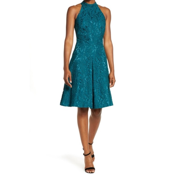 ELIZA J Floral Lace Fit-n-Flare Mock Neck Sleeveless Dress, Teal, Size 6 - Picture 8 of 8